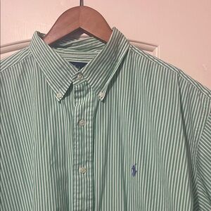 Ralph Lauren Men's Button Down Shirt with Green and White Stripes